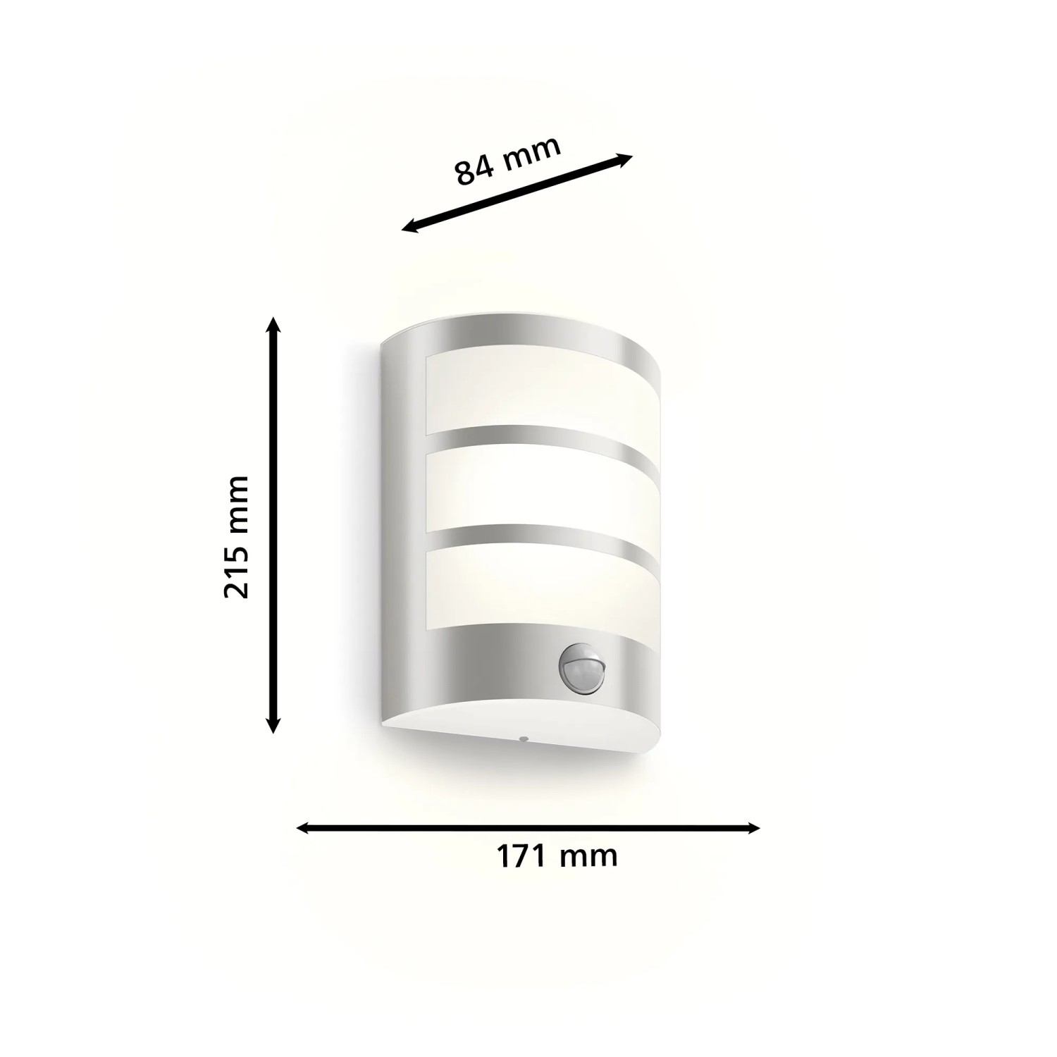 Philips Python LED-Aussenwandleuchte mit Bewegungssensor, Edelstahl, Abmessungen.