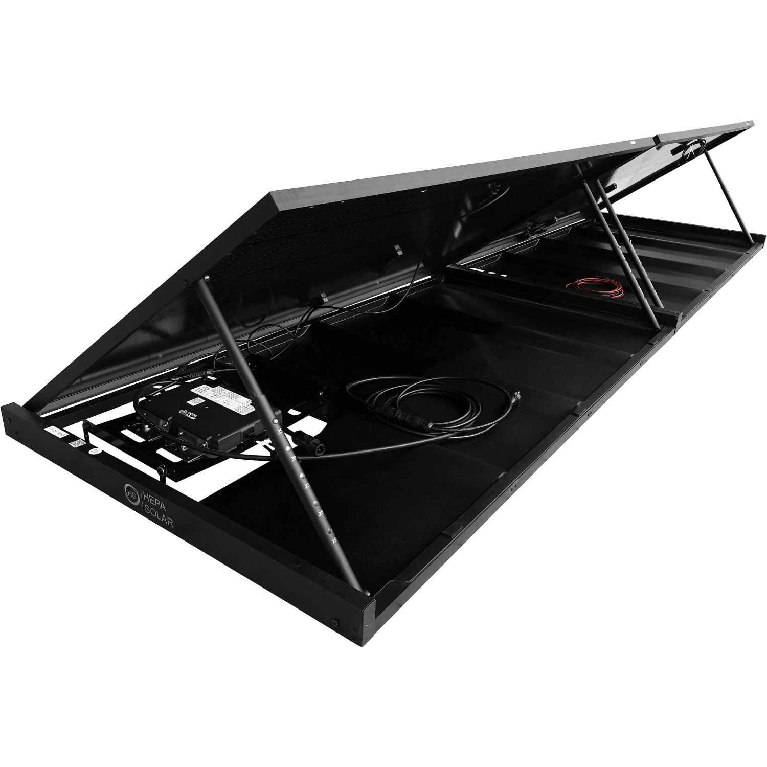 Hepa Solar Balkonkraftwerk Premium 800, Rückansicht mit Verkabelung und Wechselrichter im Rahmen.