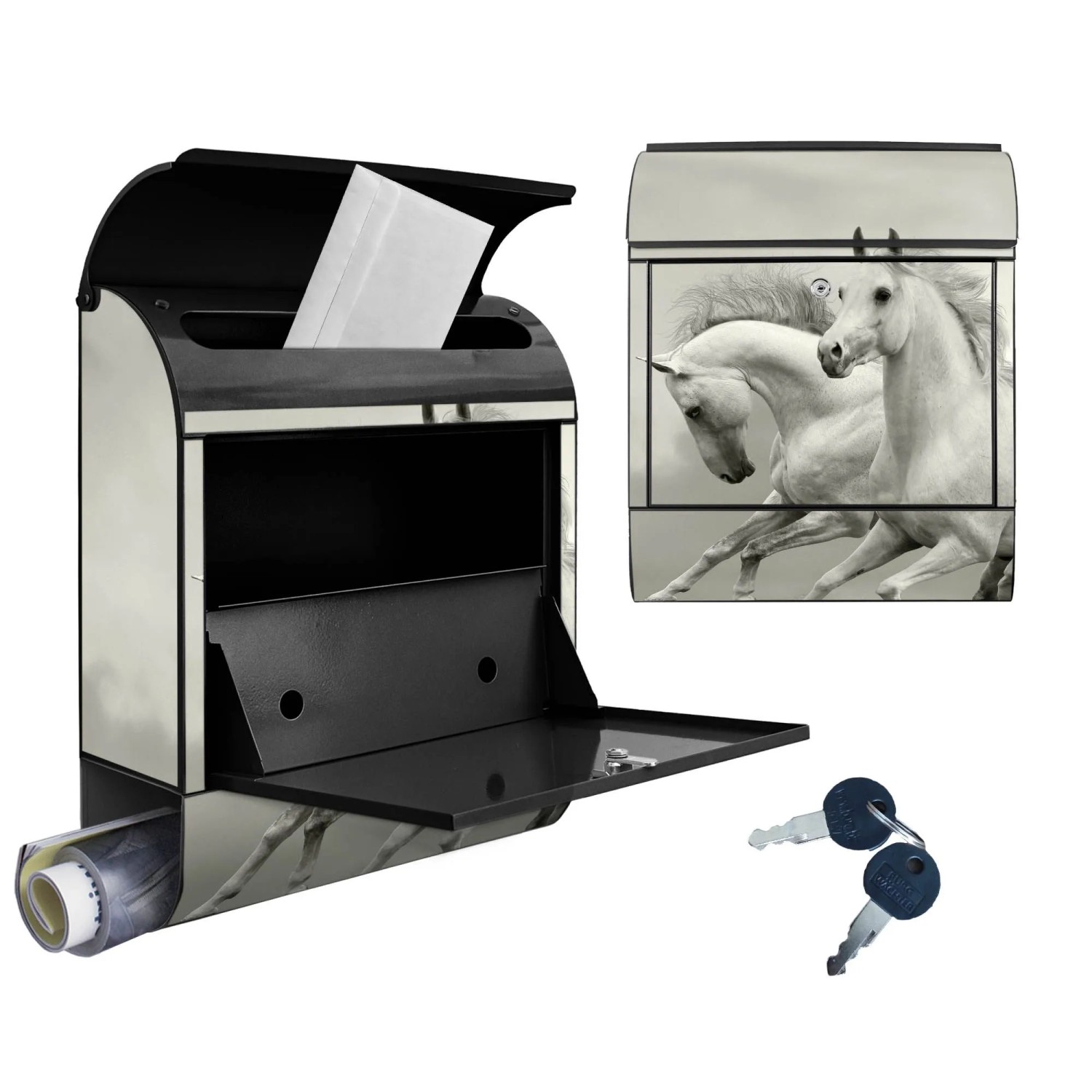 Schwarzer Design Briefkasten mit Pferde Motiv, Zeitungsfach und zwei Schlüsseln. 39x47x14cm.