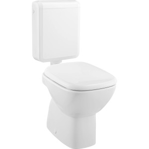 Weißes baliv Stand-WC-Set mit Spülkasten und waagerechtem Abgang.