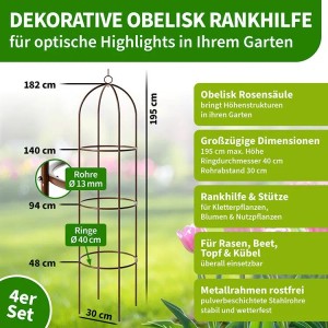 TTL GARDEN Obelisk Rankhilfe XL 195 x 40 cm Braun 4er Set Metall Pulverbeschichtet Rankgitter Rosensäule für Rosen Clematis