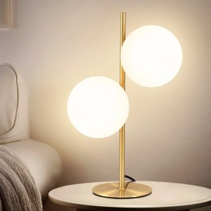 Moderne goldene NETTLIFE Tischlampe mit zwei leuchtenden weißen Glaskugeln. Ideal für Nachttisch & Wohnzimmer.
