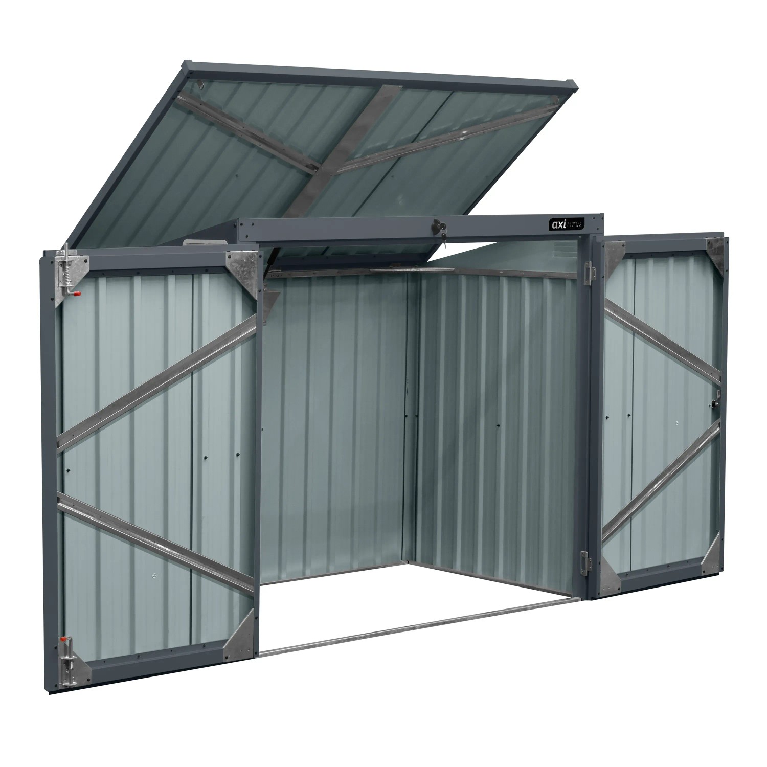 Axi Gartenschrank Oscar, anthrazitfarbene Mülltonnenbox für 2 Tonnen (je 240 l), Deckel geöffnet.