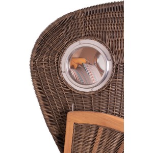 Detailansicht Strandkorb Rantum Teak mit Bullauge und PE-Geflecht