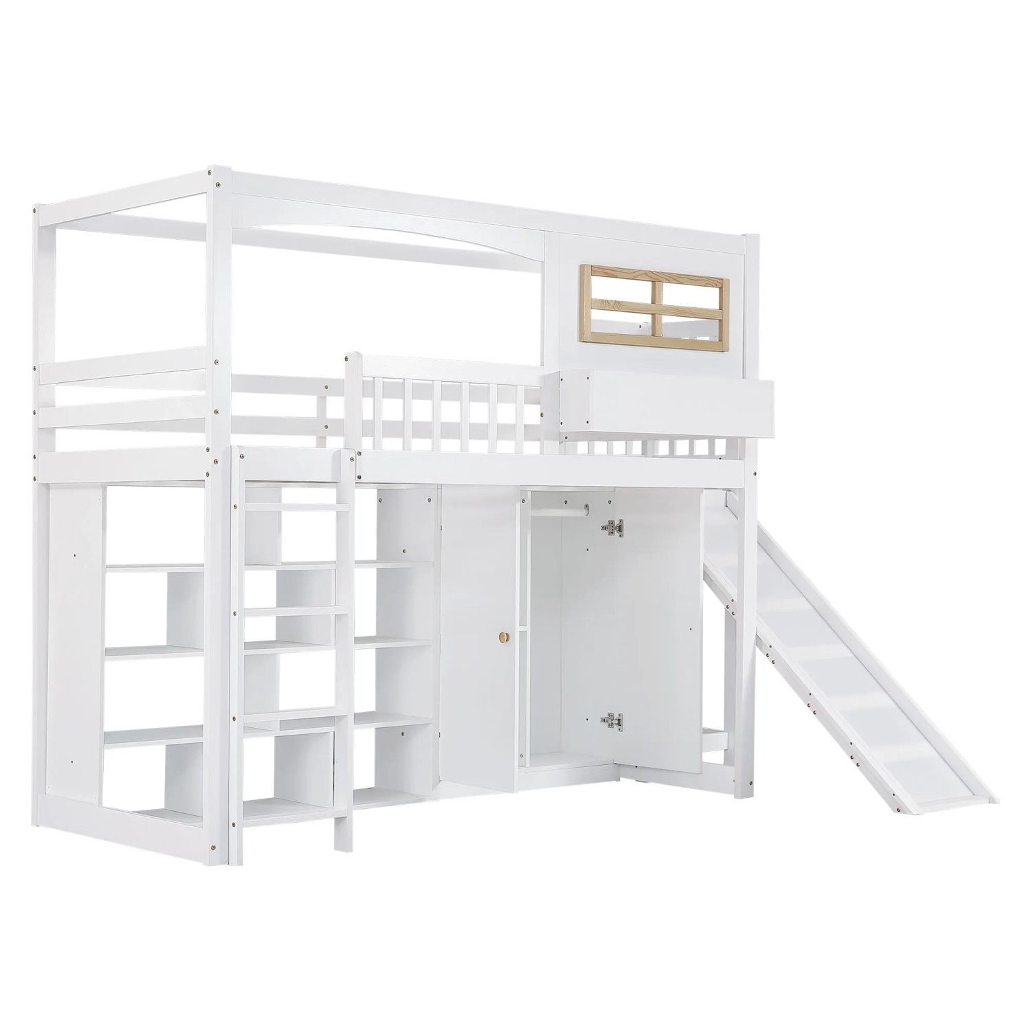 KOMHTOM Etagenbett 90x200Cm Kinderbett Mit Fallschutzgitter Kinderrutsche Kleiderschrank Und Vierstufiger Leiter Kiefer Weiß Ohne Matratze