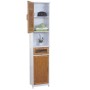 Weißer Hochschrank aus MDF und Bambus für Badmöbel-Sets. Offene Tür zeigt Regale, Schublade mit Lamellen, geschlossene Tür.