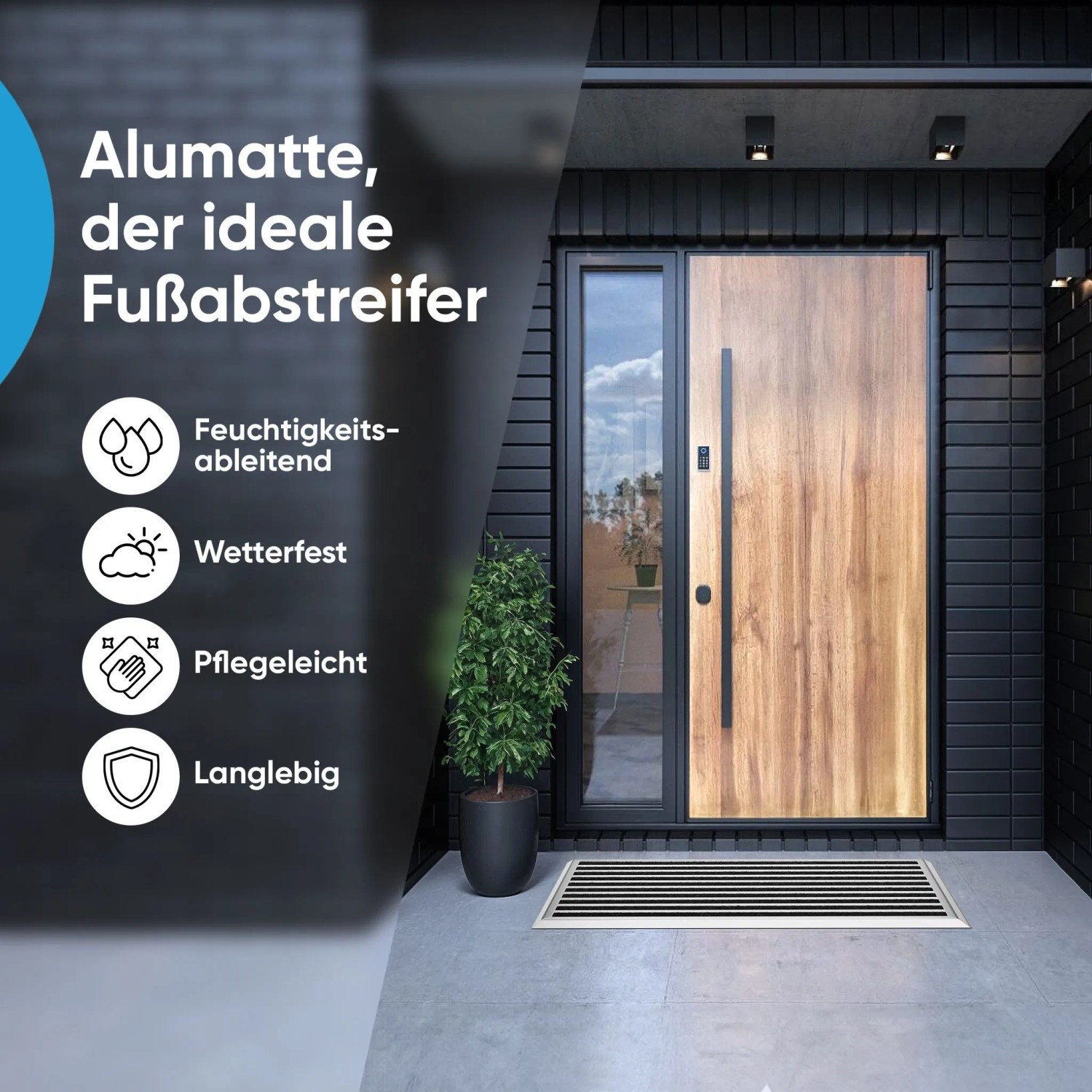 Björn&Schiller Fußmatte 55x90 cm mit silbernem Alurahmen und schwarzen Streifen für den Außenbereich.