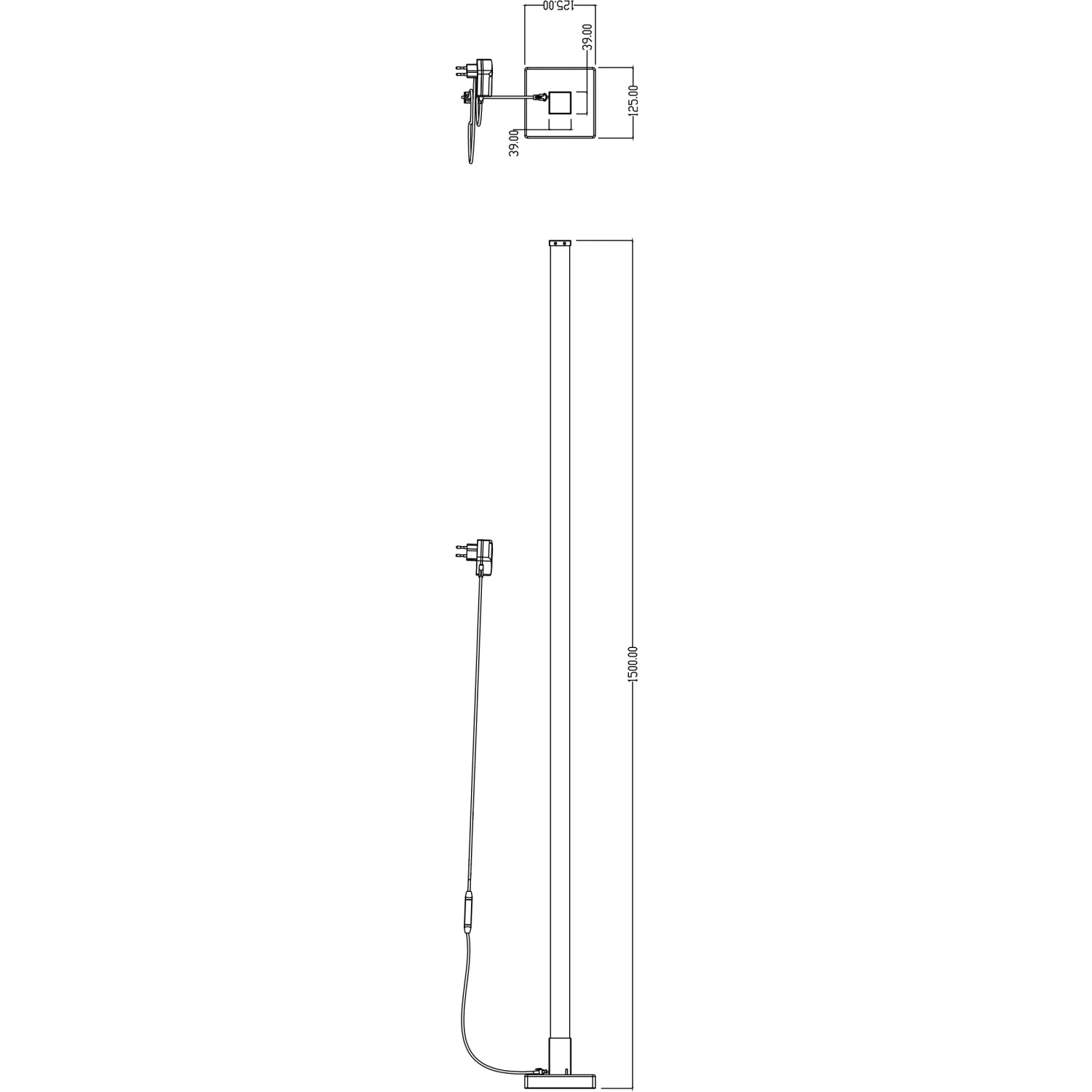 Technische Zeichnung der weißen Brilliant Donetta LED Standleuchte mit Maßen.
