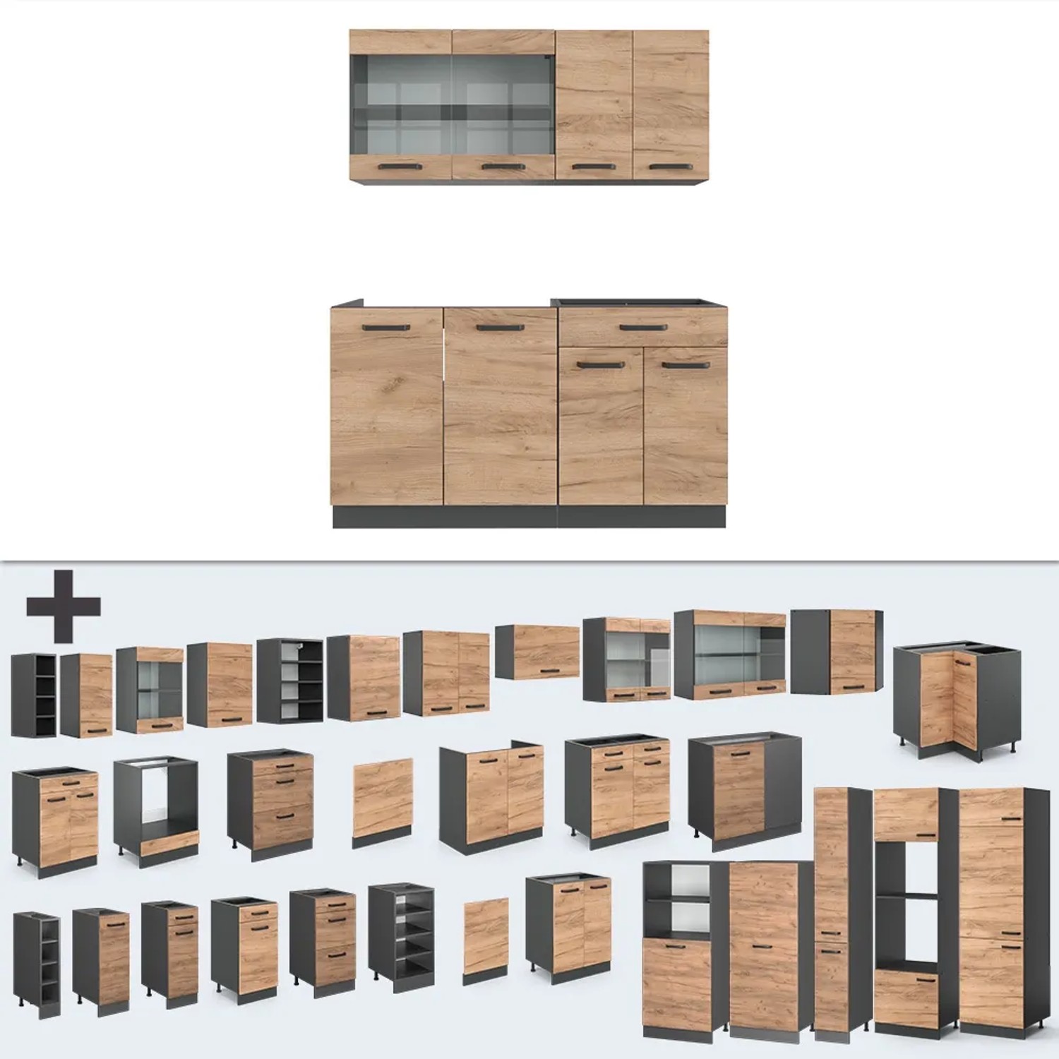 Vicco R-Line Singleküche 140cm in Goldkraft Eiche/Anthrazit, Küchenzeile ohne Arbeitsplatte, modulare Bauweise.