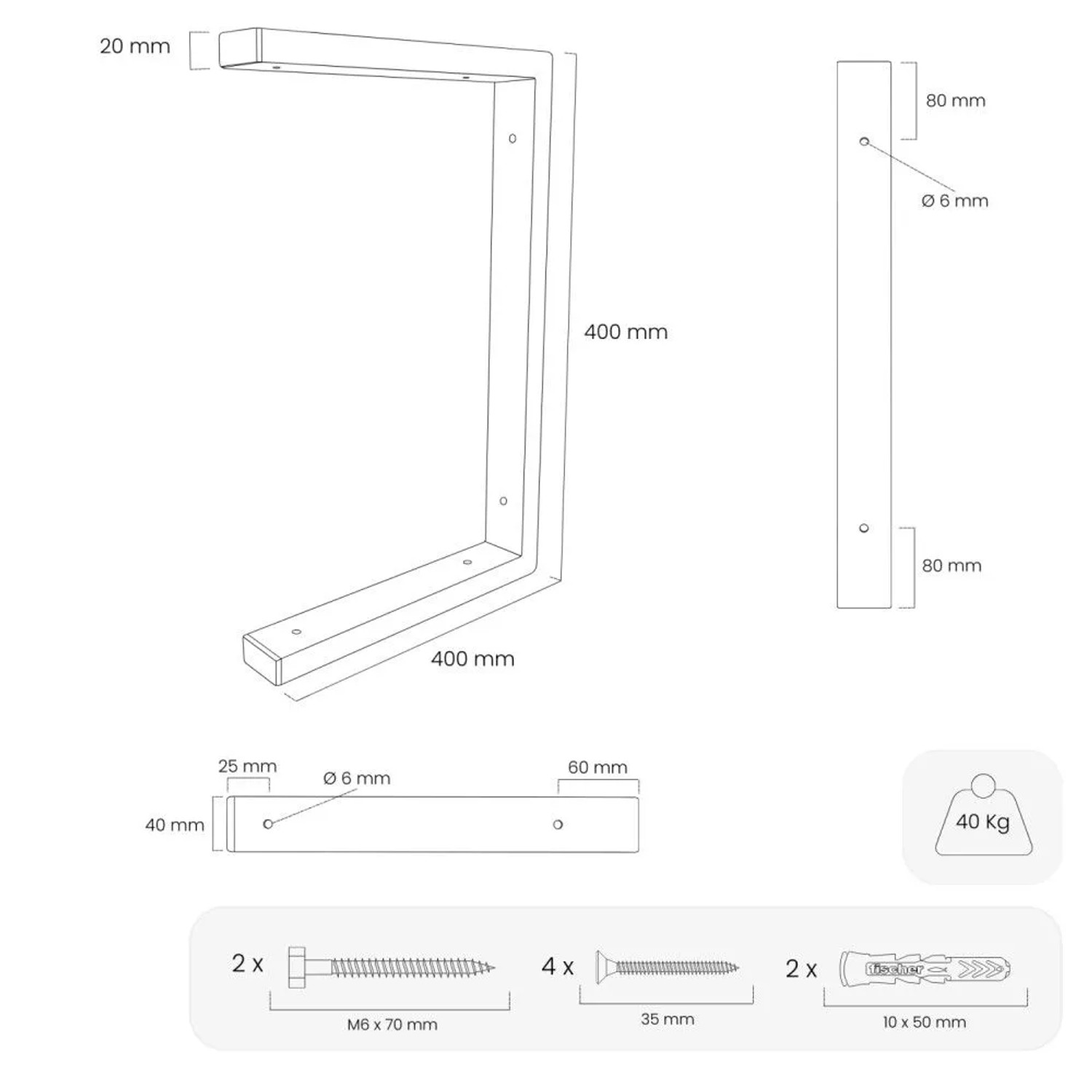 Technische Zeichnung HEVVA LAHN Waschtischhalterung, 40 cm tief, schwarz. U-Form, Maße, Befestigungsmaterial, 40 kg Traglast.