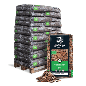 Palette Galamio Kiefernrinde, mittlere Körnung, 60l Säcke. Rindenmulch für Beet und Garten.