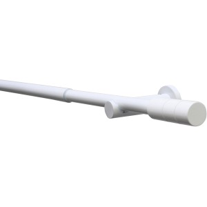 Weißes Gardinia Gardinenstangen-Set Kreta mit Zylinder-Endstücken, ausziehbar von 120 bis 210 cm.