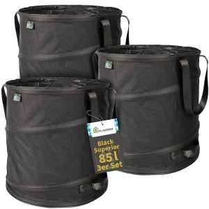 TTL GARDEN Pop Up Laubsack 3er Set, 85L, Schwarz. Gartensäcke selbststehend und platzsparend.
