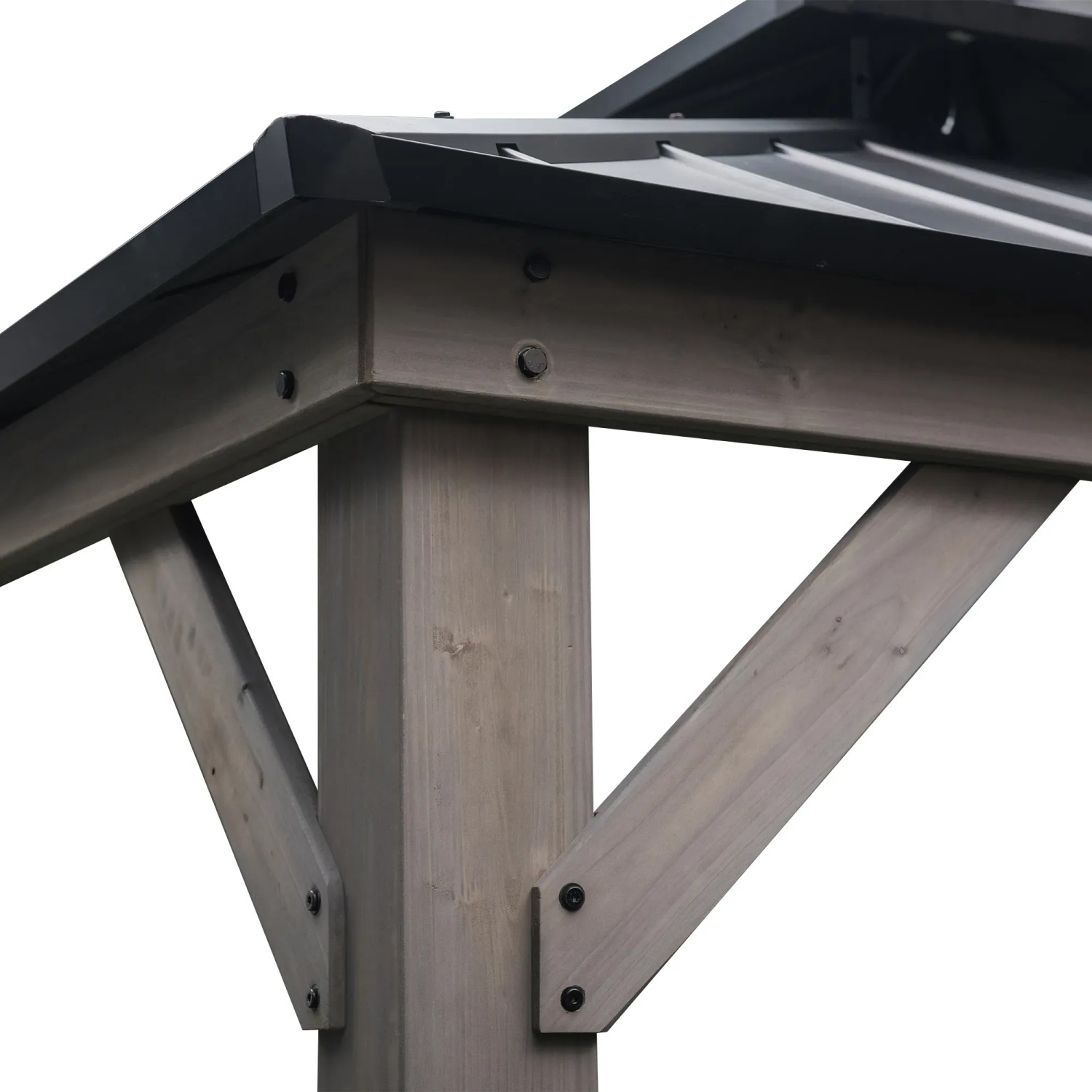 Detailansicht Sunjoy Gazebo Rysy Zedernholz, Terrassenüberdachung mit schwarzem Dach.