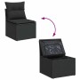 Schwarze vidaXL Garten-Sofagarnitur aus Rattan mit Kissen und Stauraum unter der Sitzfläche.