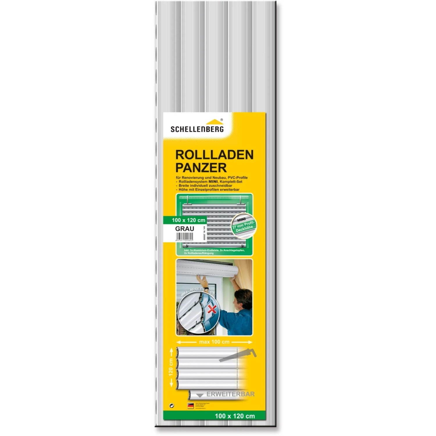 Schellenberg Rolladenpanzer-Set Mini, 100x120 cm, Grau. PVC Rolladen für Renovierung und Neubau, individuell kürzbar.