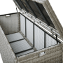 Geöffnete, hellgraue Auflagenbox MODENA (158x66x63 cm) aus Polyrattan mit Innenhülle.