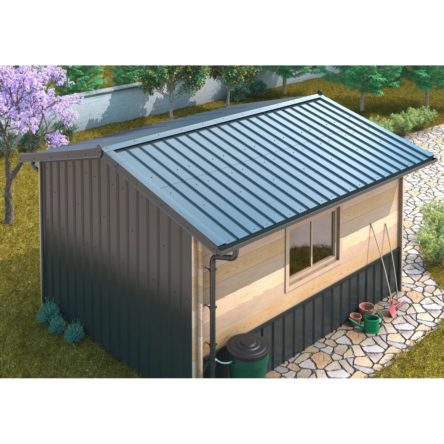 Ablaufset für SDF Kastenrinne aus Aluminium in Anthrazit an einem Gartenhaus.