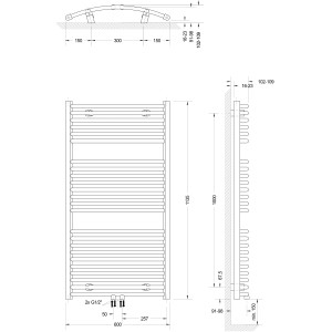 Technische Zeichnung: Schulte Design-Heizkörper Europa II, Maße und Anschlüsse für Installation.