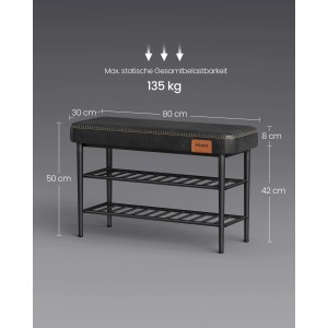 Schwarze Vasagle Schuhbank mit Sitzfläche, 80x30x50 cm, und zwei Ablagen für Schuhe.
