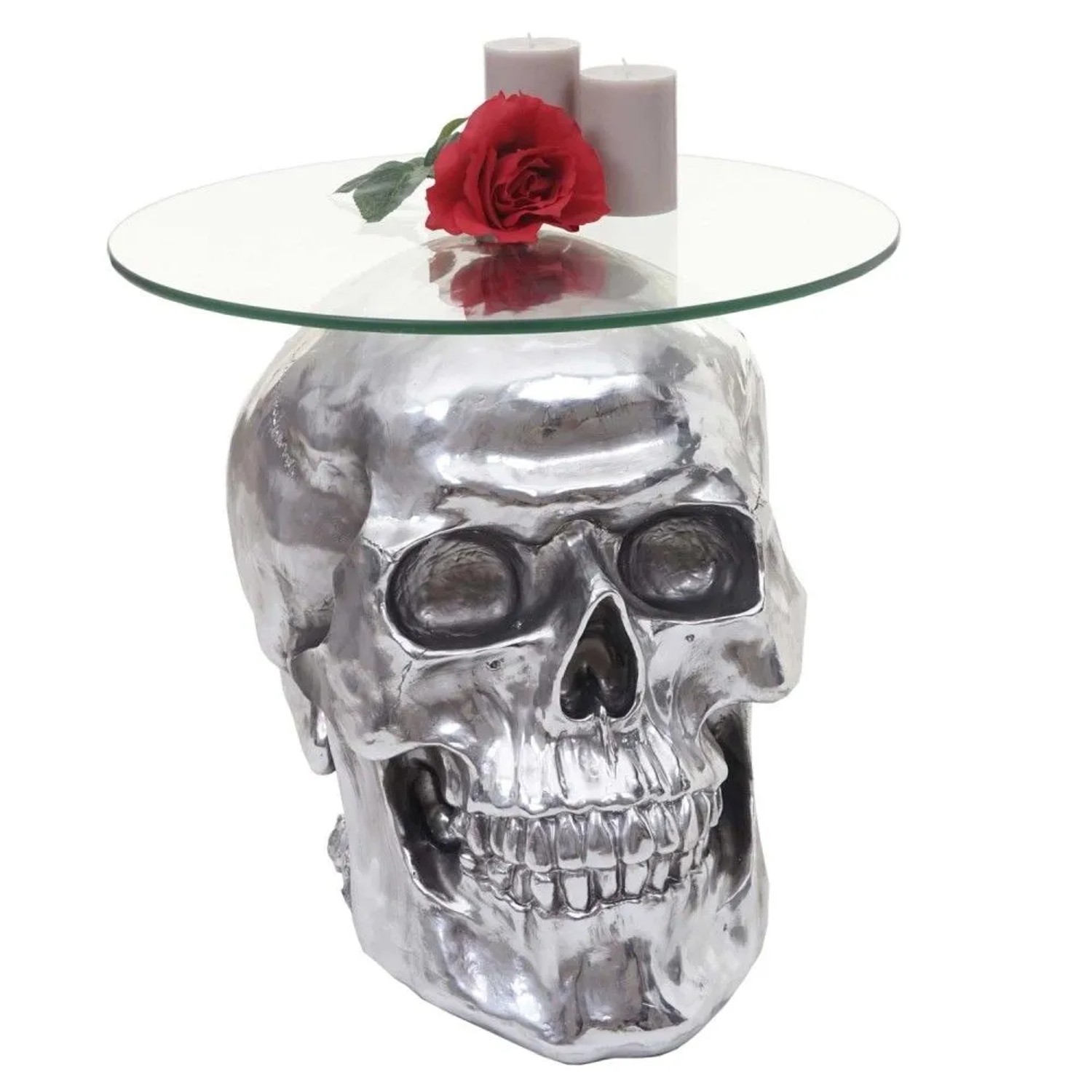MCW Beistelltisch Totenkopf A19 Polyresin Glastisch Wohnzimmertisch Silber 52x55x55cm