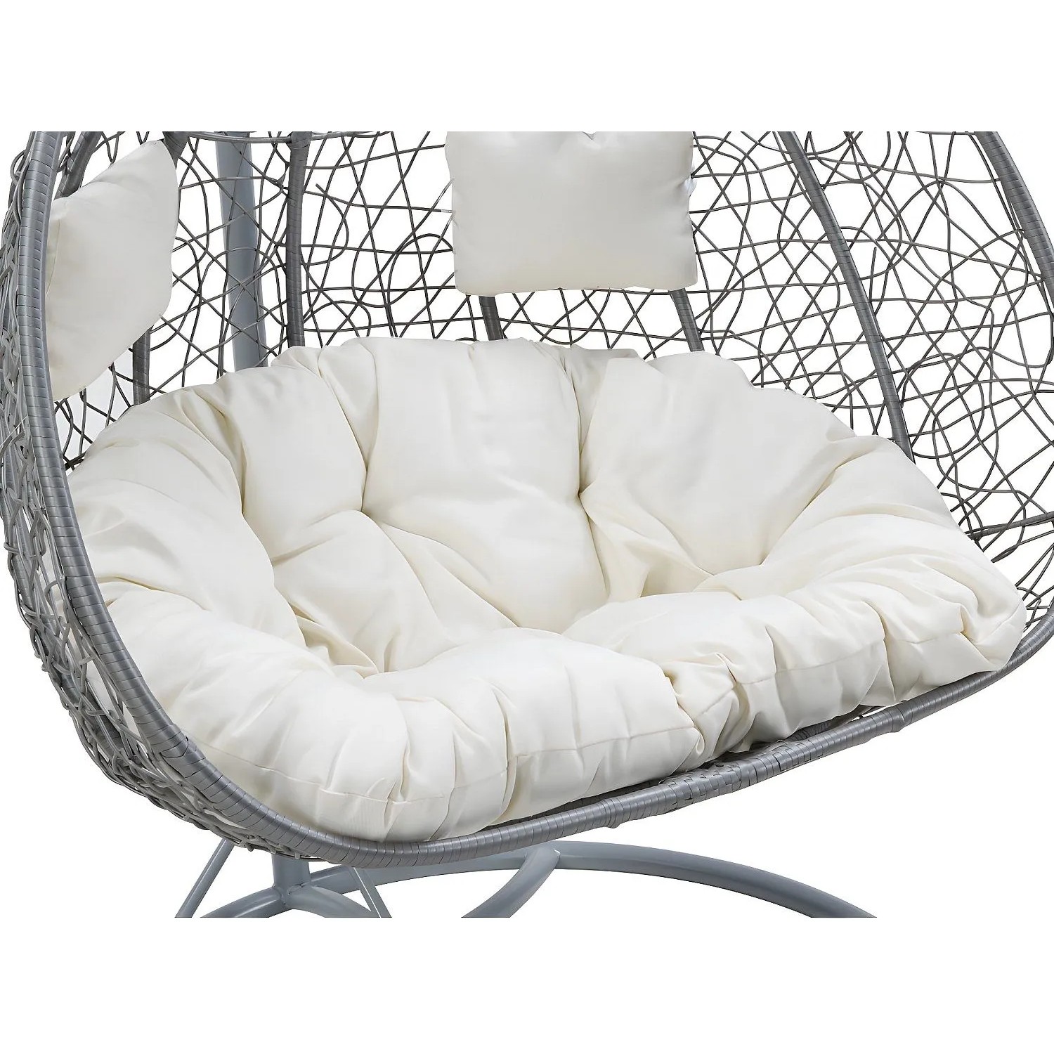 Grauer Polyrattan Hängesessel Cayambe, 2-Sitzer, mit dicken weißen Kissen.