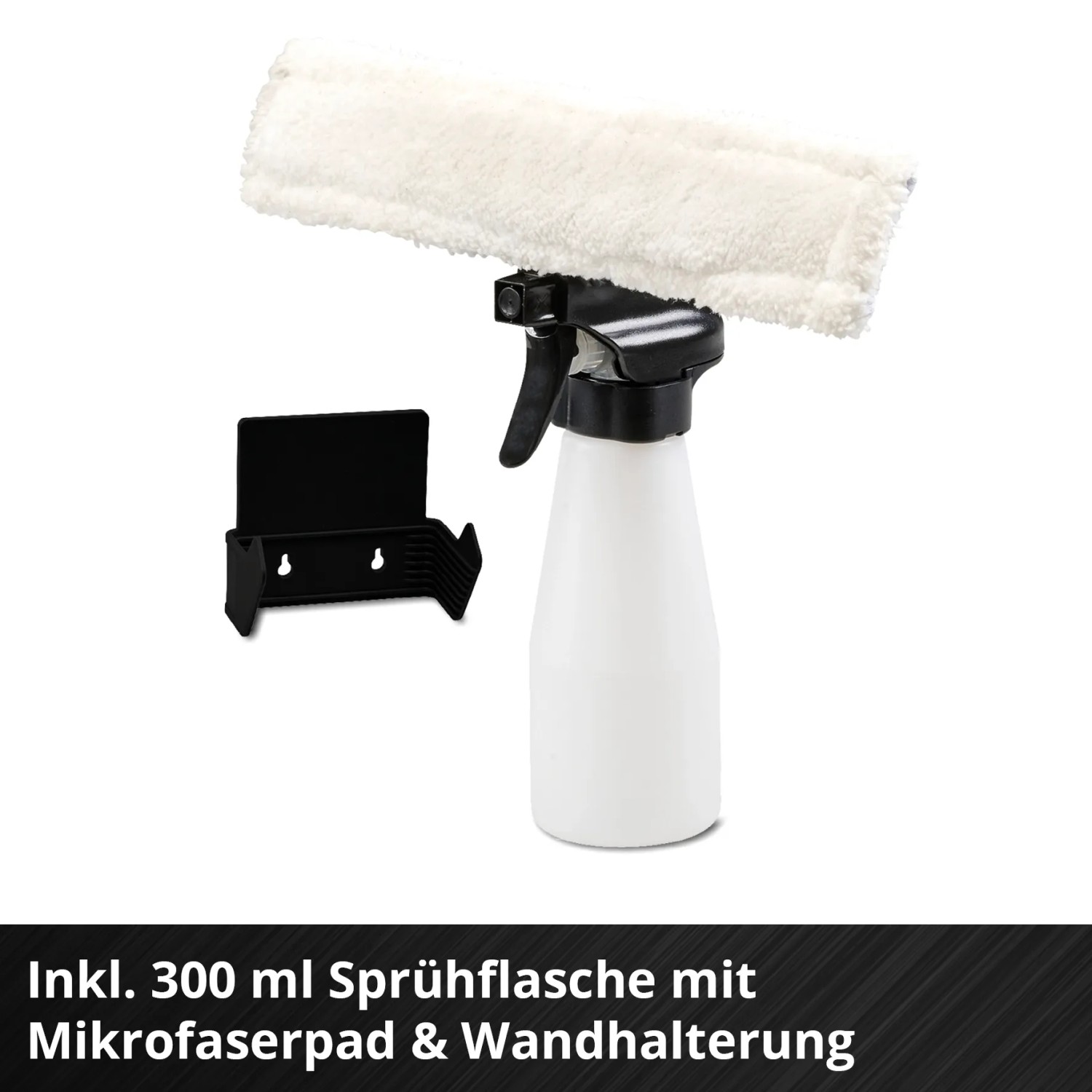 Einhell Brillianto Fenstersauger mit Sprühflasche, Mikrofaserpad und Wandhalterung.