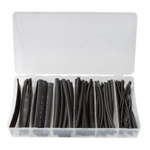 Schwarzes Schrumpfschlauch-Set, 100 Stück sortiert in Box für Elektroinstallation.