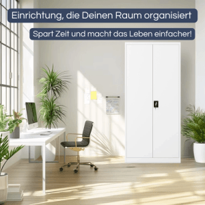 Weißer DELUKE Aktenschrank KADO im Büro, abschließbarer Metallschrank mit 5 Ebenen.