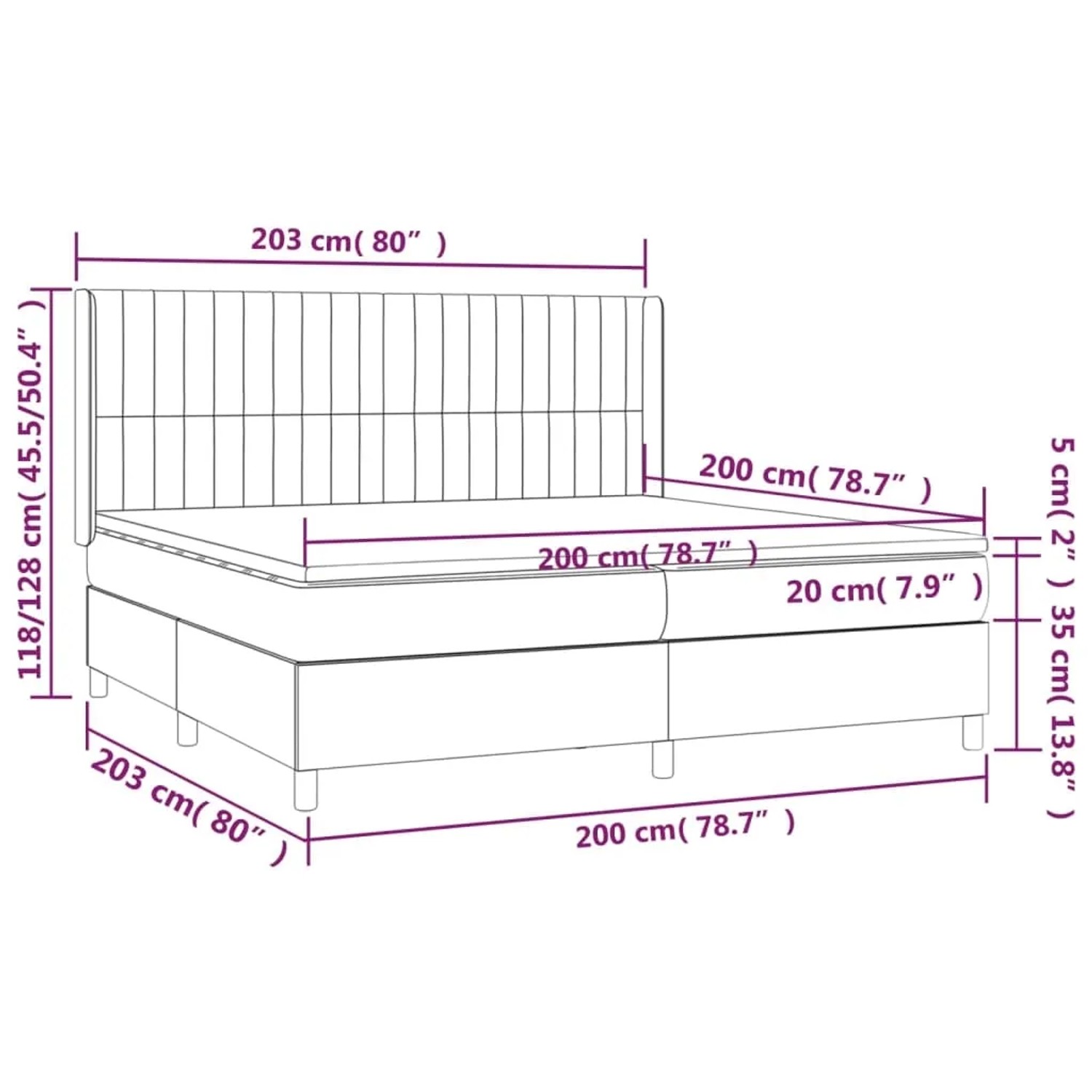 vidaXL Boxspringbett Taupe 200x200 cm mit Matratze, Stoff. Bett mit Kopfteil und Maße.