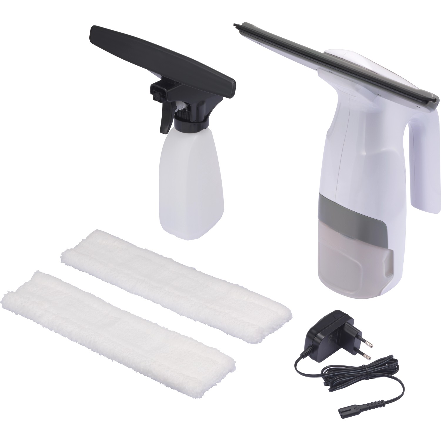 Akku-Fenstersauger Set mit Sprühflasche, Mikrofasertüchern und Ladegerät.