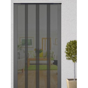 Anthrazitfarbener Insektenschutz-Lamellenvorhang für Türen, 250x120 cm, mit Kunststoffrahmen.