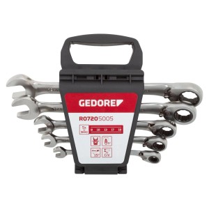 Gedore Ringratschen-Maulschlüssel Set, 5-teilig (8-19 mm) im Halter. Umschaltbar, feinverzahnt.