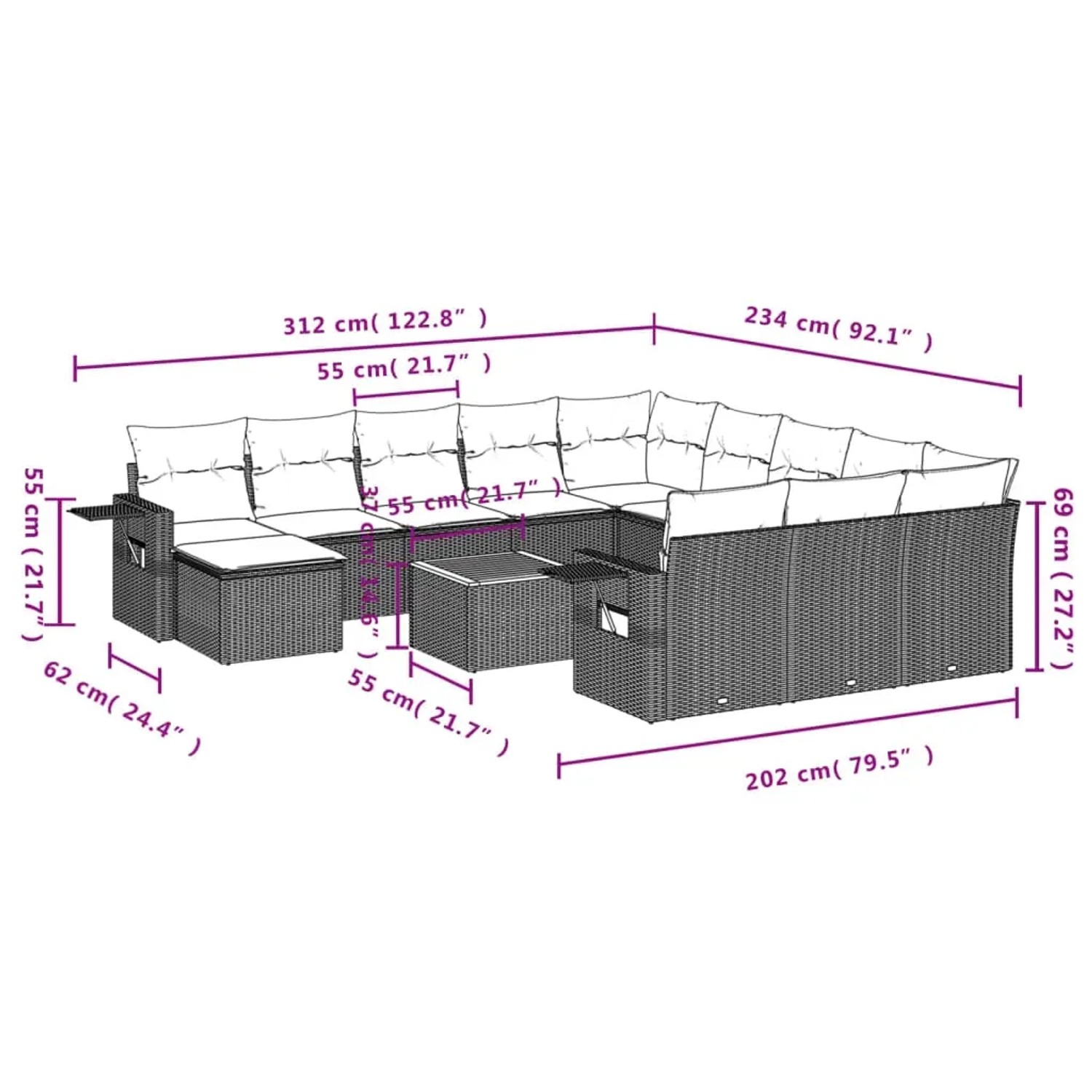 vidaXL Garten-Sofagarnitur, 13-teilig, schwarz, Poly Rattan, mit Kissen. Gartenmöbel Set mit Tisch und Hockern.