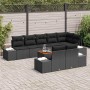 Schwarzes 9-teiliges Garten-Sofa-Set aus Poly Rattan mit Kissen.