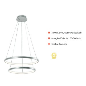 Moderne, silberfarbene Just Light LED Pendelleuchte Circle, Ø 50 cm, mit zwei Leuchtringen.