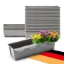 12 graue Paletten Blumenkästen 37cm mit Hängesystem, einer bepflanzt mit bunten Blumen. Für Europaletten.