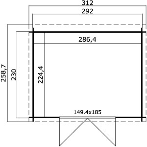 Grundriss Lasita Holz-Gartenhaus Atlanta, Schwedenrot, 312x258,7 cm, mit Maßangaben.
