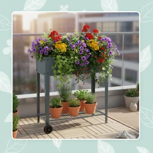 Anthrazitfarbenes Metall-Hochbeet mit bunten Blumen, Rädern und Gitterablage auf Balkon. Ideal für Kräuter & Gemüse.