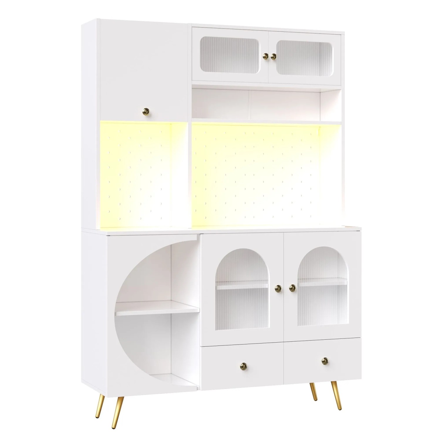 Merax Hochschrank mit LED  USB  Steckdose  Lochwand  Glasböden  Stauraum Weiß
