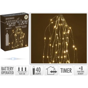Silberdraht-Lichterkette Kaskade mit 40 warmweißen LEDs für Innen & Außen.