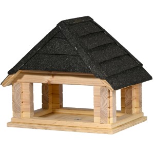 Dobar Vogelhaus aus hellem Kiefernholz mit schwarzem Bitumendach und offenem Futtertablett für Wildvögel im Garten.