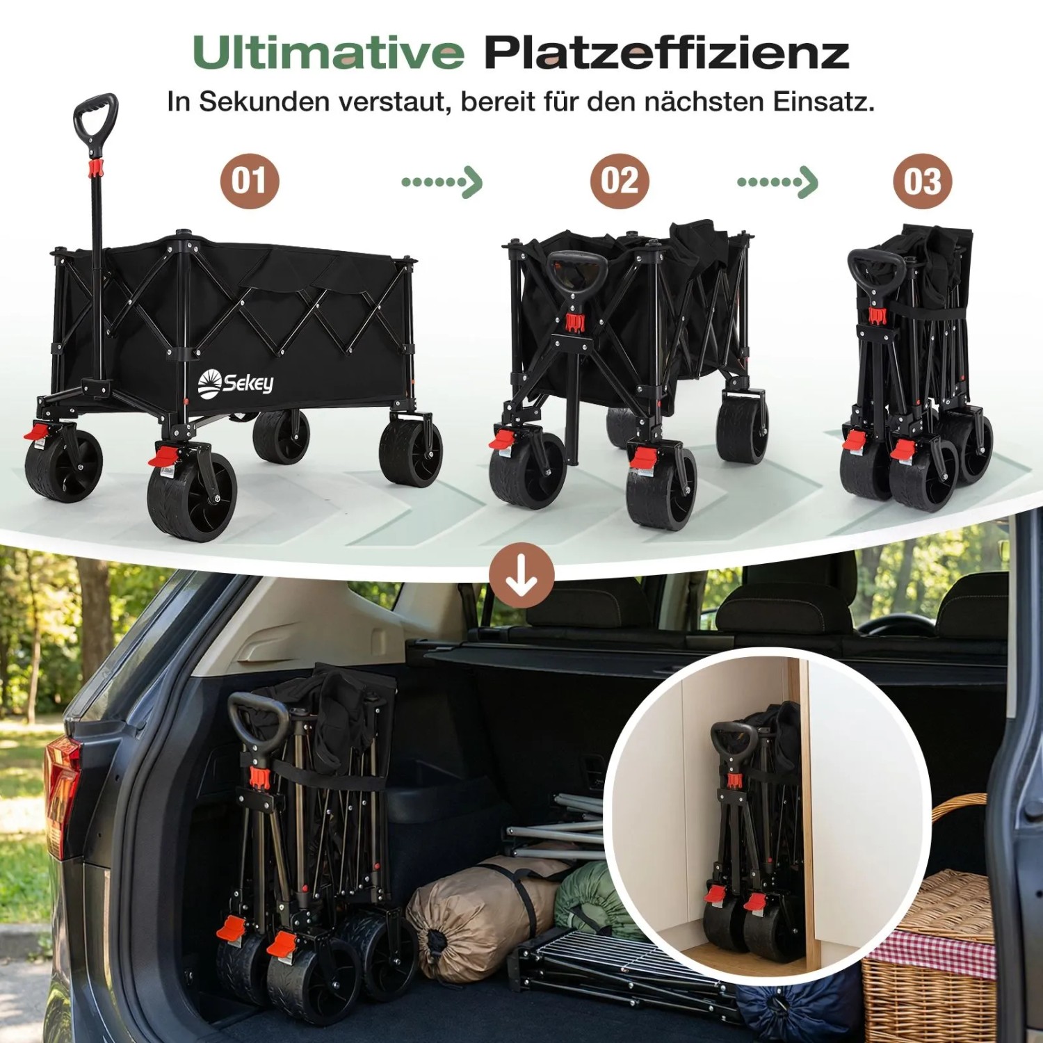 Sekey Campingwagen faltbar, 135L, schwarz, mit breiten Reifen, zusammengeklappt im Kofferraum und Lagerung