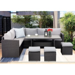 Schwarzes MeXo XXL Gartenlounge Set aus Polyrattan mit Esstisch und Hockern für 8 Personen.