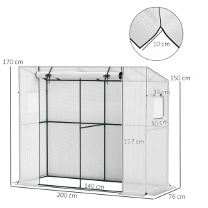 Weißes Outsunny Gewächshaus mit Rolltür und zwei Fenstern, Maße 200x76x170 cm.