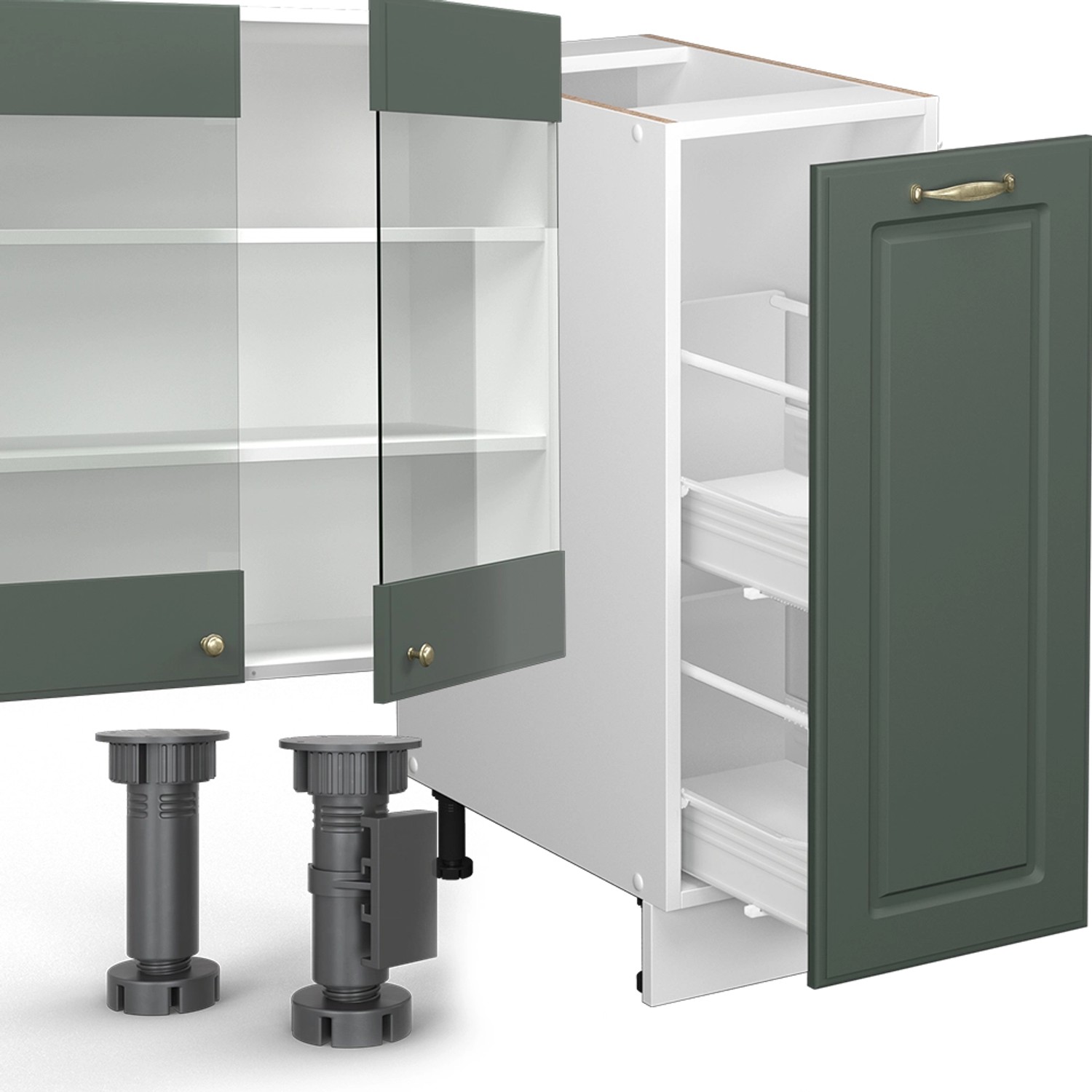 Vicco Küchenzeile Fame-Line, 280 cm, Grün-Gold/Weiß, Marmor Arbeitsplatte.