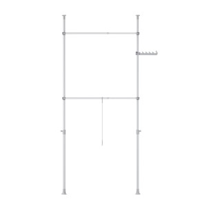 Grauer Teleskop-Kleiderständer mit 2 Stangen, höhenverstellbar für flexible Garderobenlösung.