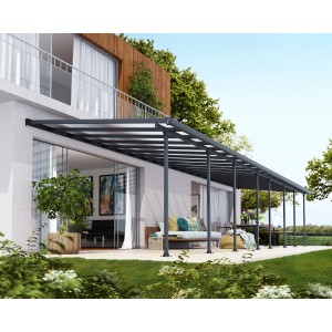 Moderne Palram Canopia Terrassenüberdachung Feria in Anthrazit mit Polycarbonat-Dachplatten.