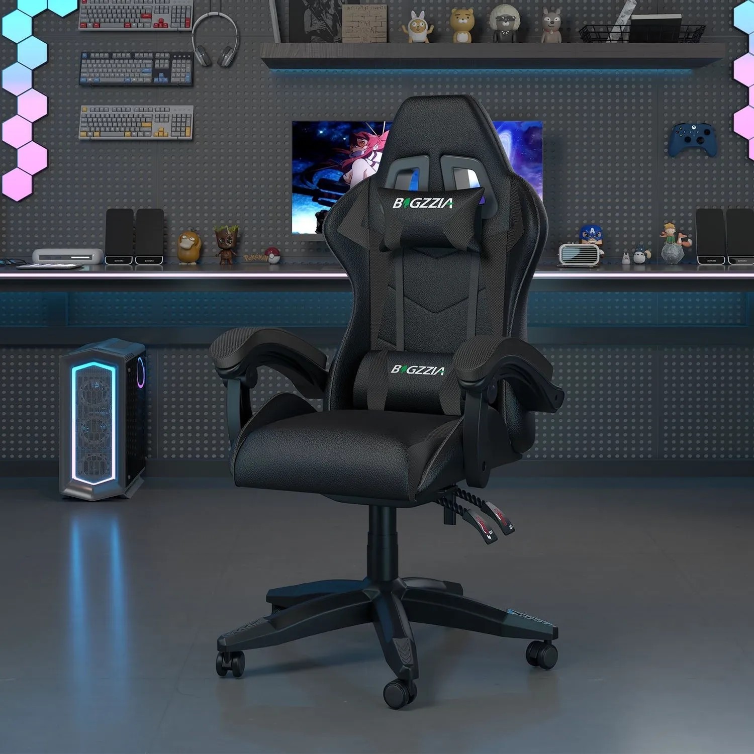 Schwarzer Rattantree Gaming Stuhl mit hoher Rückenlehne, Kopf- und Lendenstütze.