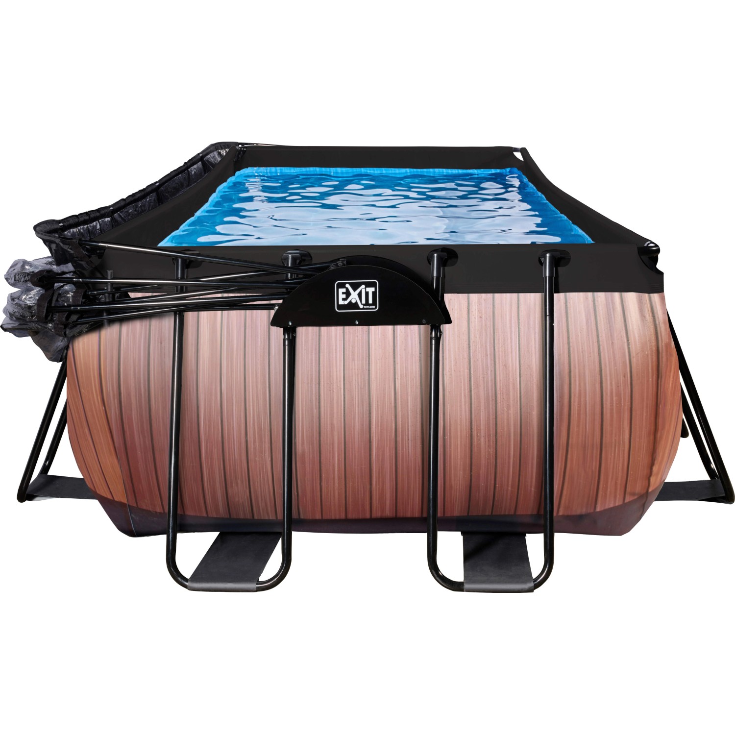 EXIT Wood Pool, braun, 400x200x122 cm mit Sandfilterpumpe, Abdeckung und Wärmepumpe.